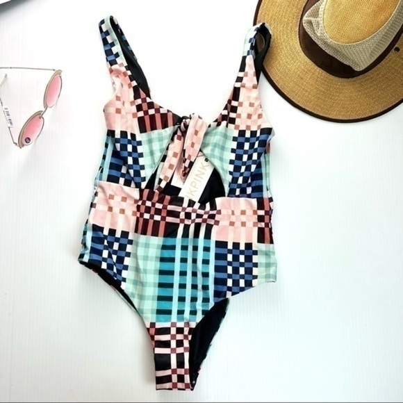 MINKPINK Penelope One Piece Swimsuit Small Tie Front Cutout Check NWT Swim - Picture 2 of 7